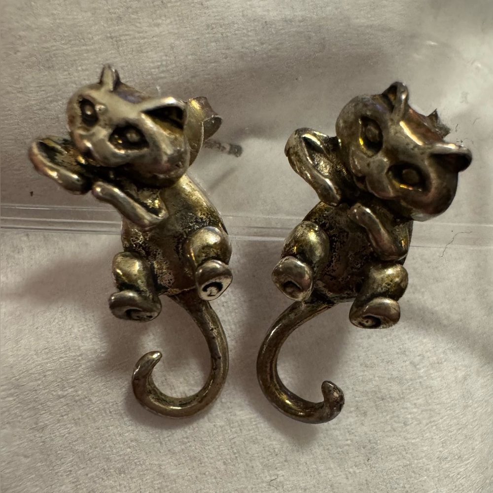 Silver cat earrings stud dangle 925 patina convertible